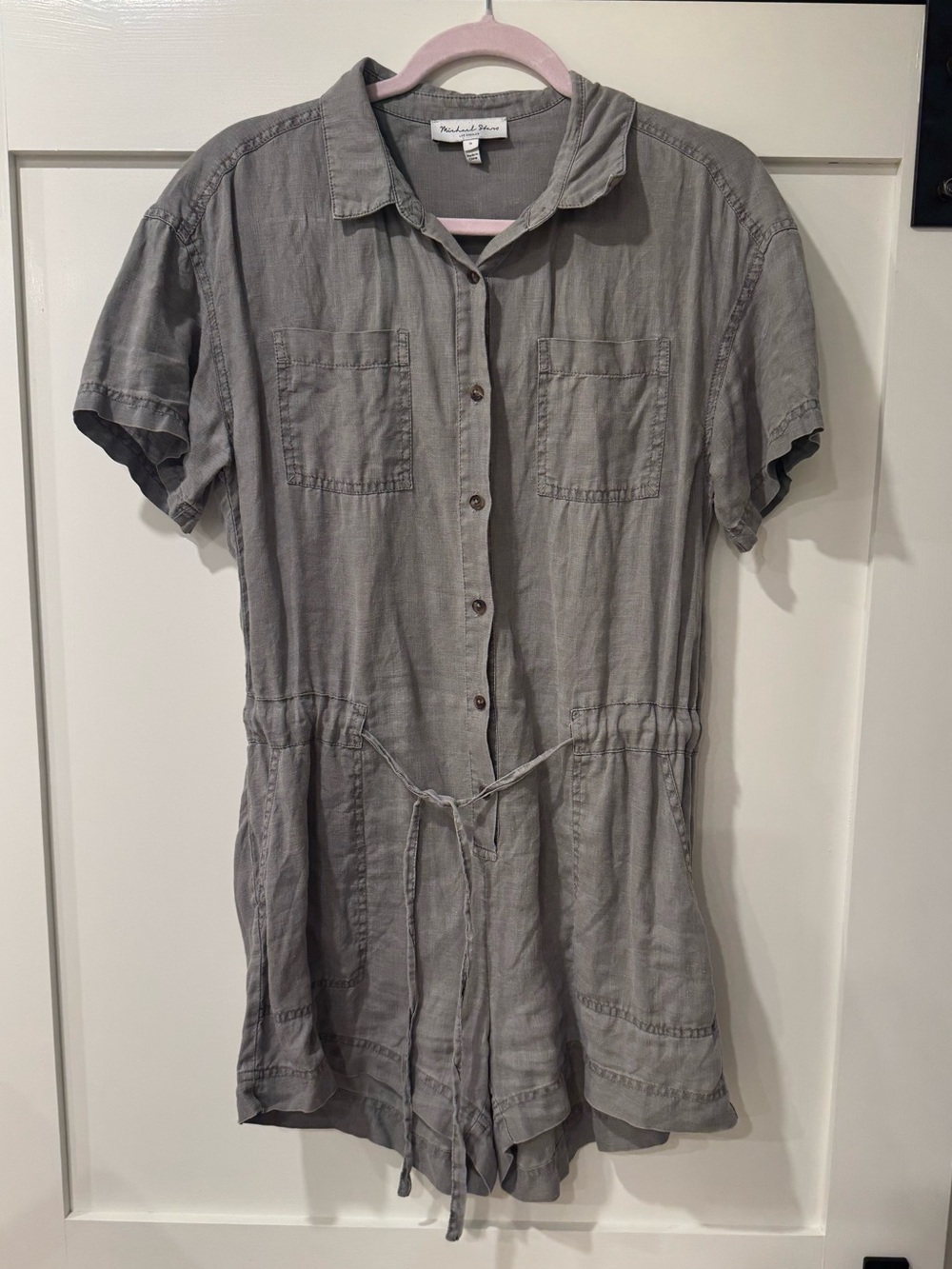 Michael Stars 100% Linen Gray Short-Sleeve Button Front Romper